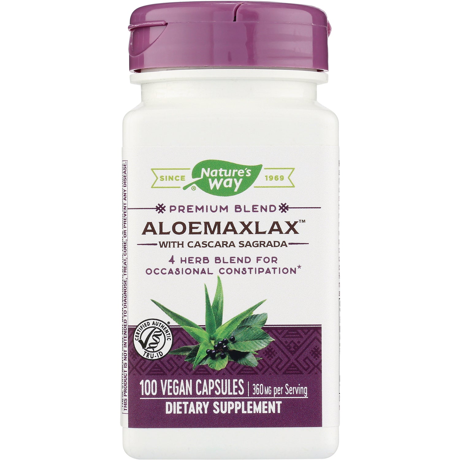 NW714 | Nature's Way ALOEMAXLAX dietary supplement bottle front label 100 vegan capsules 360 mg per serving