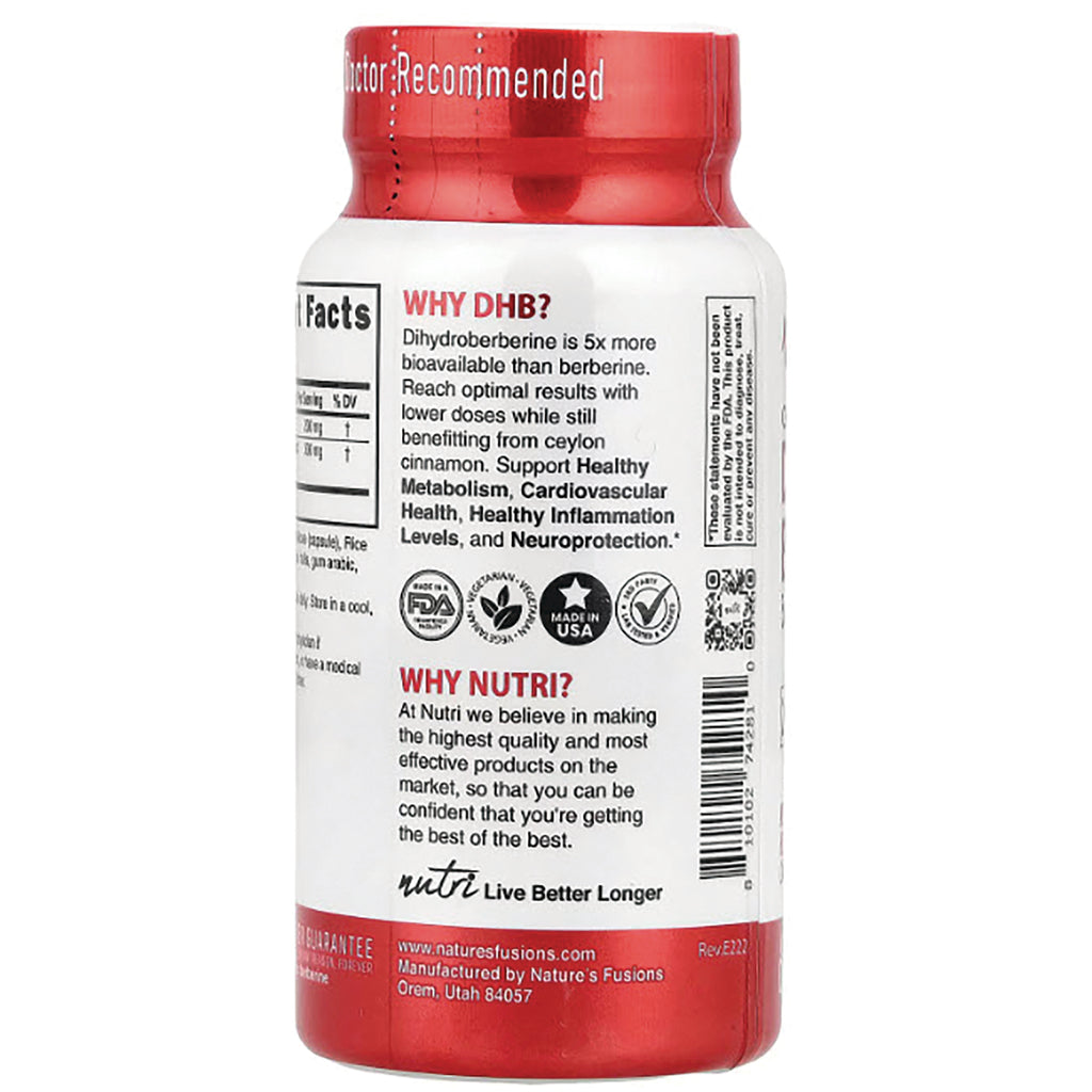 NFU002 | back label of white and red supplement bottle showing Why DHB and Why Nutri text, icons and barcode - Thumbnail