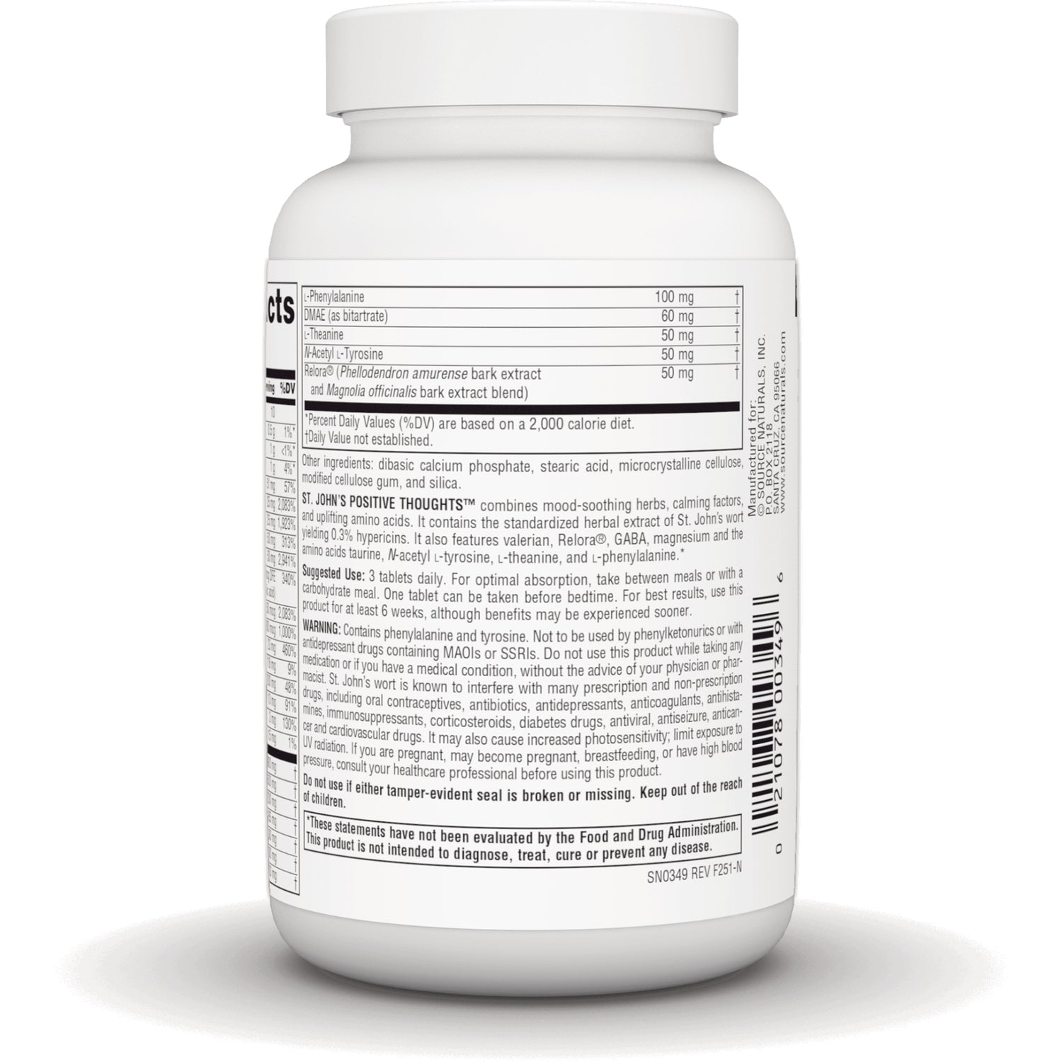 Back label of white supplement bottle showing supplement facts, ingredients, warnings and barcode