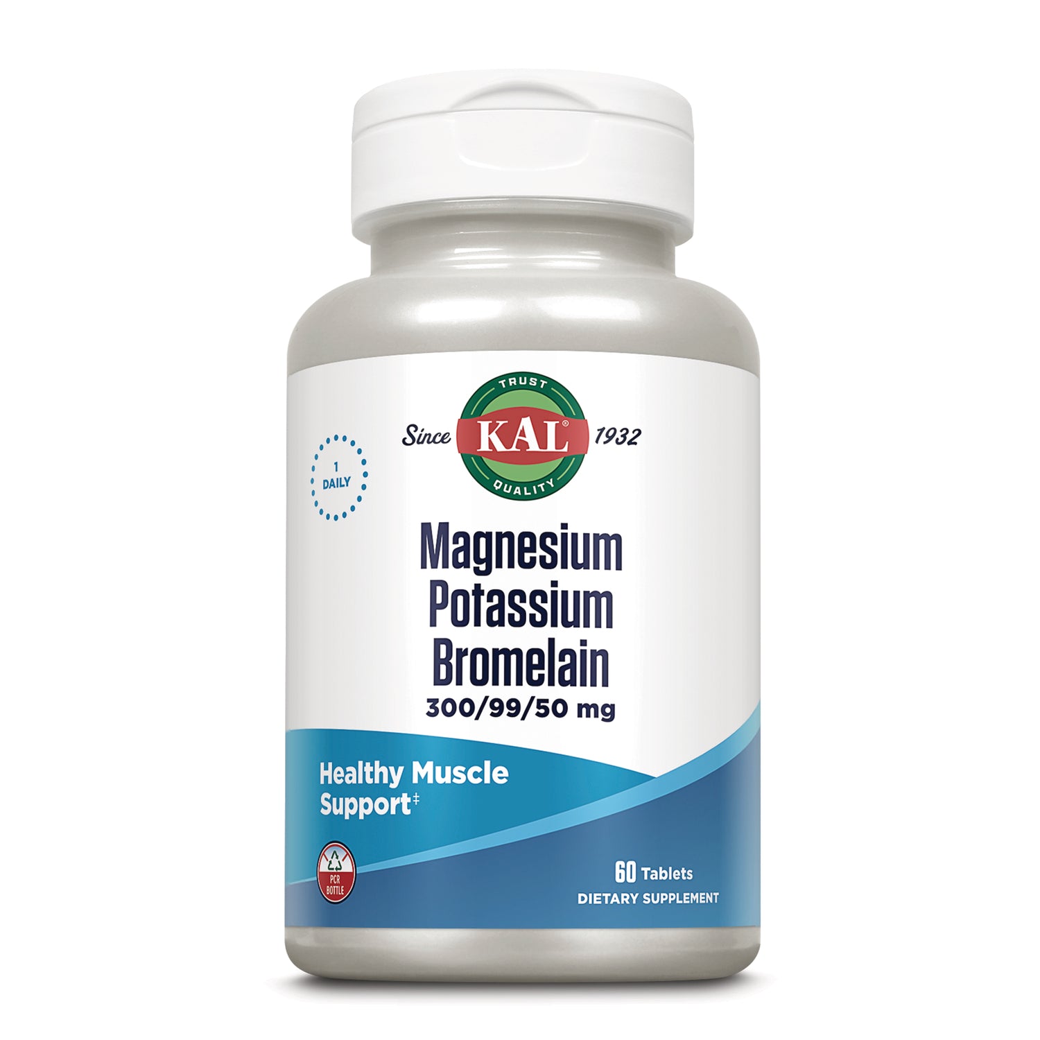 KL576 | KAL Magnesium Potassium Bromelain 300/99/50 mg white supplement bottle front, 60 tablets, Healthy Muscle Support