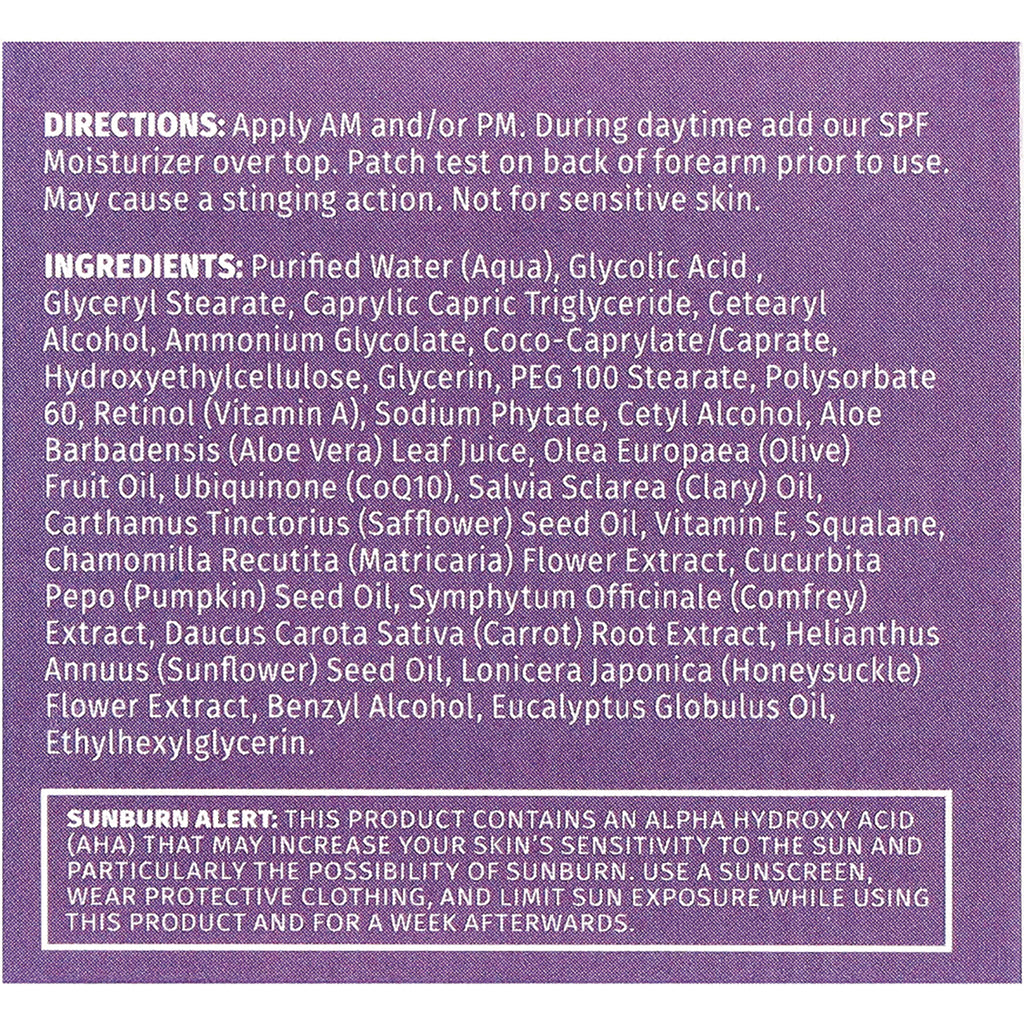 RV060 | back label showing directions, full ingredients list, and sunburn alert on purple background - Thumbnail