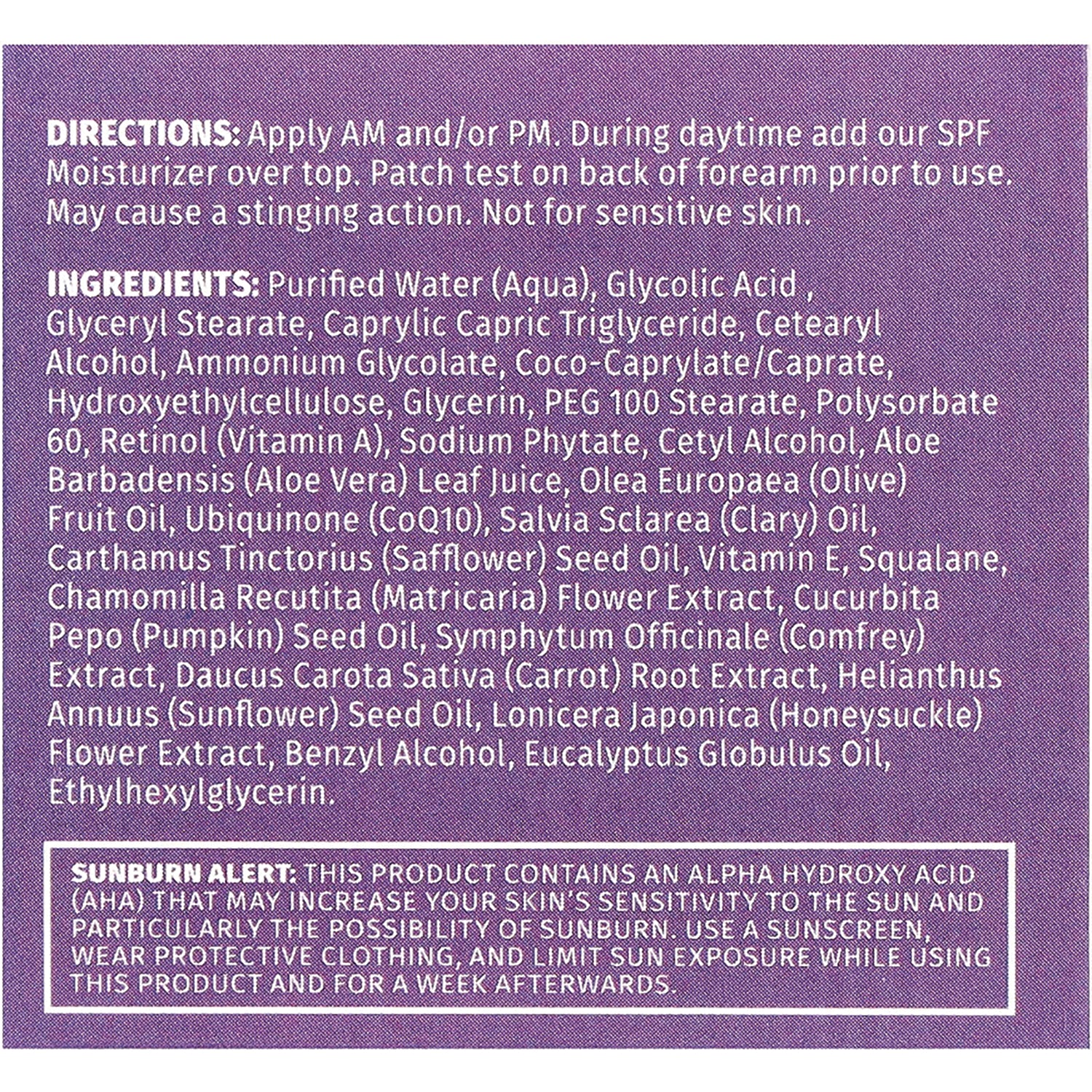 RV060 | back label showing directions, full ingredients list, and sunburn alert on purple background