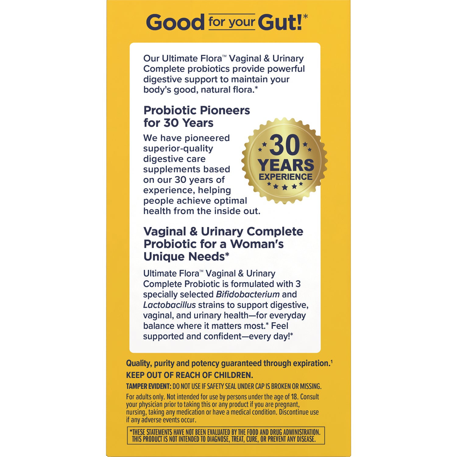 RNL251 | Back panel of probiotic box showing Good for your Gut! headline, 30 years experience badge, product benefits and warnings
