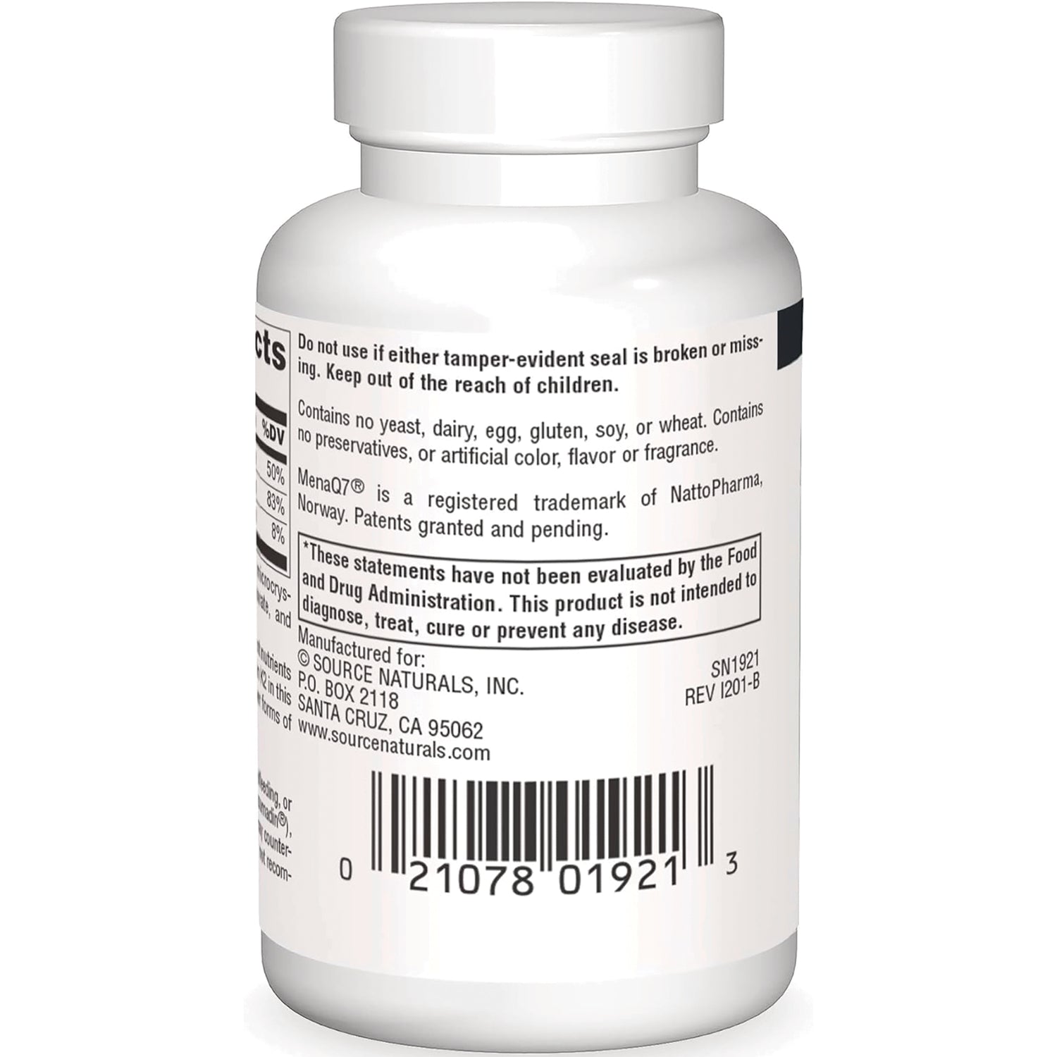 SN324 | Supplement bottle back label with warnings, manufacturer info, and barcode