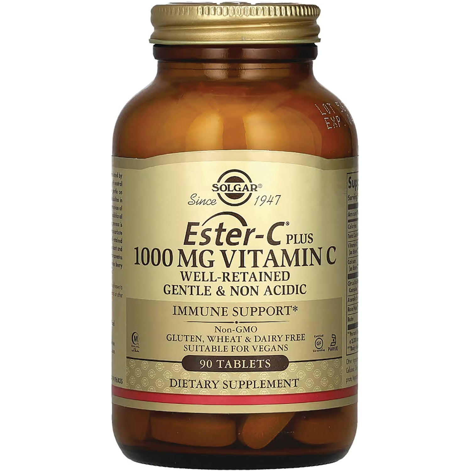 SLG360 | Solgar Ester-C 1000 mg vitamin C amber glass bottle, 90 tablets, gold label