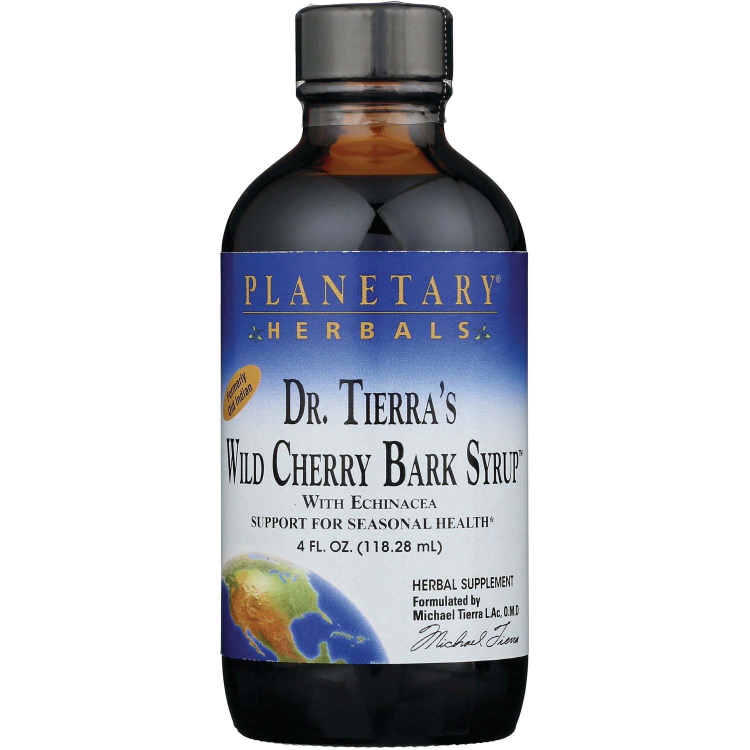 PF073 | Planetary Herbals Dr. Tierra's Wild Cherry Bark Syrup 4 fl oz bottle with echinacea label