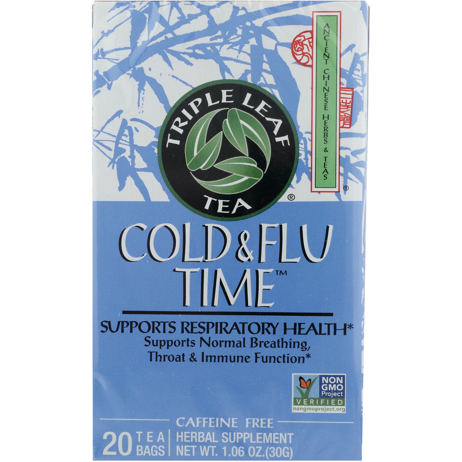 TLT011 | Triple Leaf Tea Cold & Flu Time box, supports respiratory health, 20 tea bags, caffeine free, Non-GMO Project Verified
