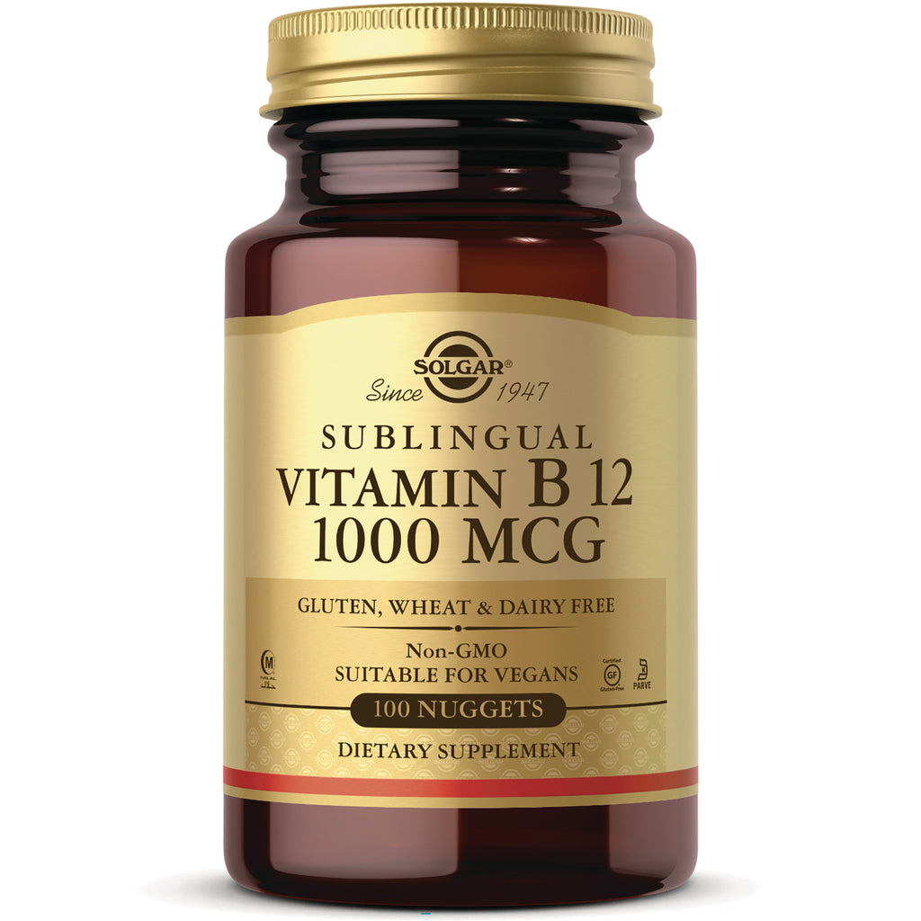 Solgar sublingual Vitamin B12 1000 MCG bottle with gold label, 100 nuggets - Thumbnail