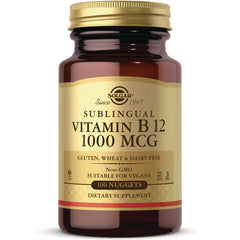 Solgar sublingual Vitamin B12 1000 MCG bottle with gold label, 100 nuggets