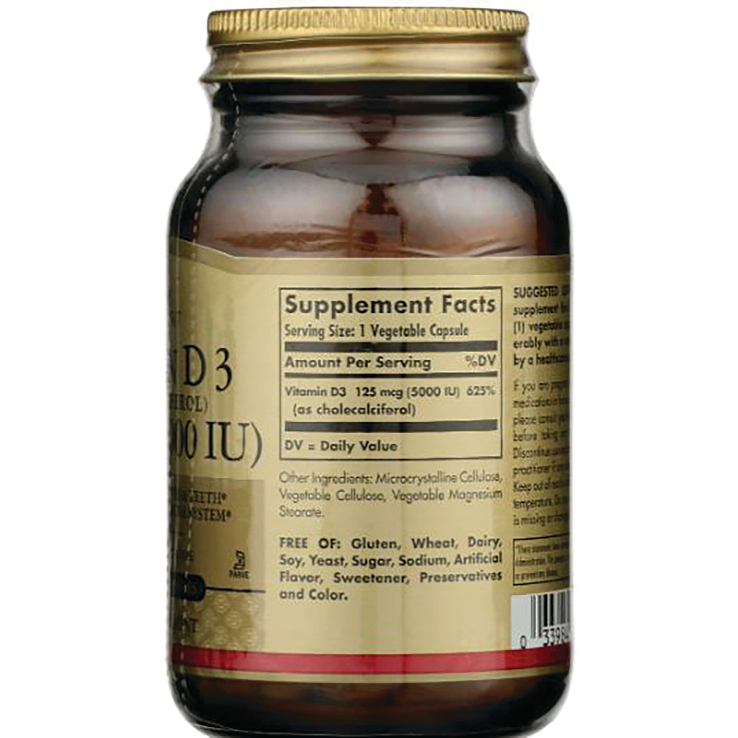 SLG248 | Back of amber supplement bottle showing Supplement Facts panel listing Vitamin D3 125 mcg (5000 IU), ingredients and barcode