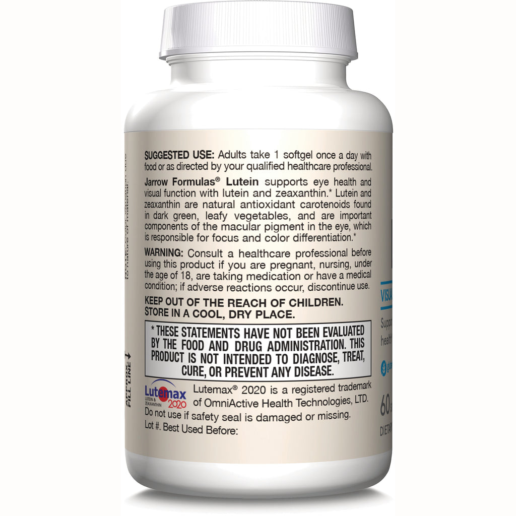 Back label of white supplement bottle showing suggested use, warnings, FDA disclaimer and Lutemax 2020 logo - Thumbnail