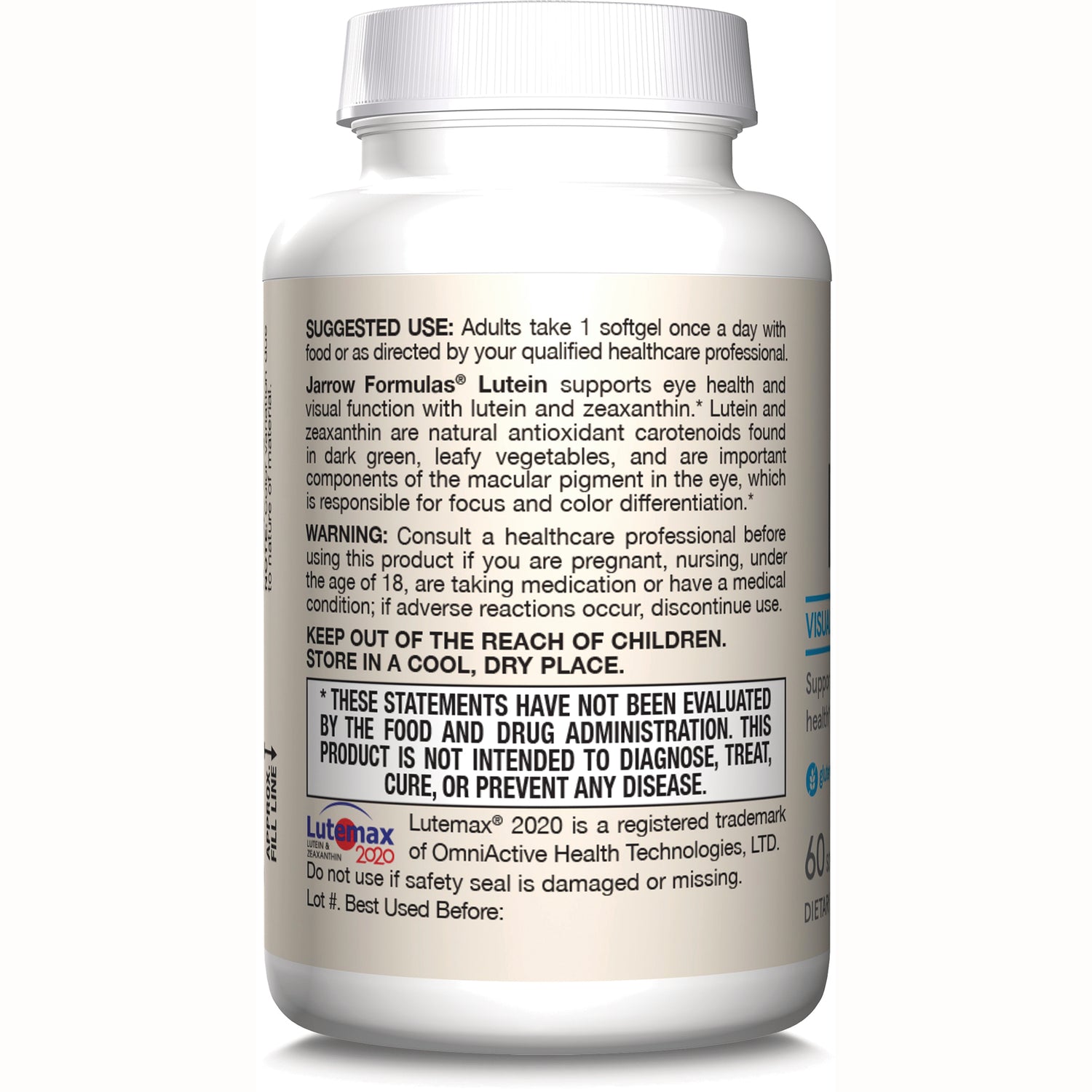 Back label of white supplement bottle showing suggested use, warnings, FDA disclaimer and Lutemax 2020 logo