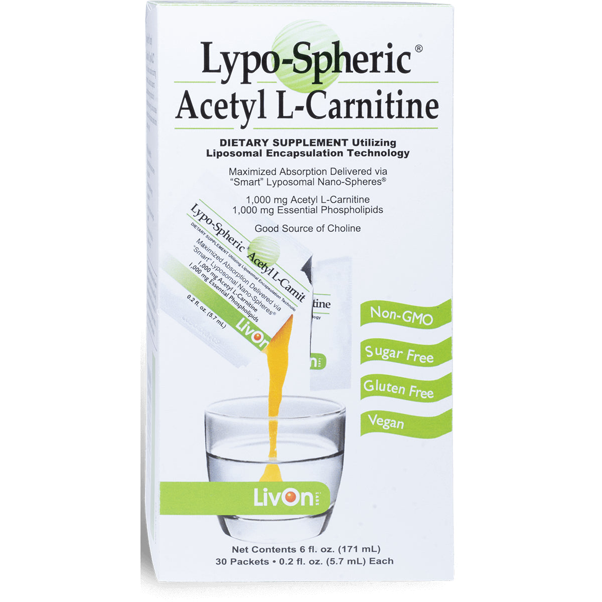 LVL007 | Front of Lypo-Spheric Acetyl L-Carnitine box showing a sachet pouring orange liquid into a glass, labeled Non-GMO Sugar Free Gluten Free Vegan