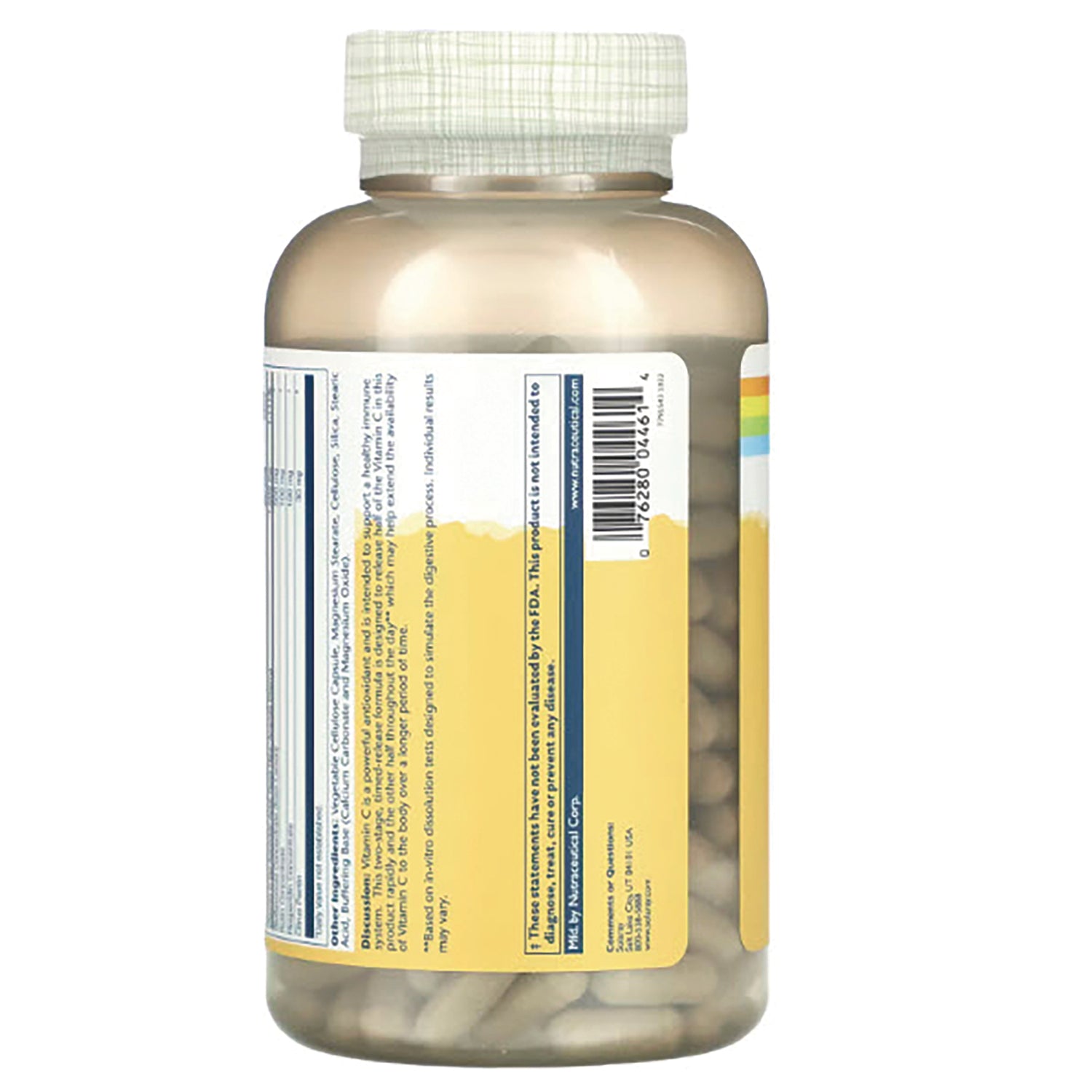 SLR320 | Back label of clear supplement bottle showing ingredients panel, barcode and visible capsules
