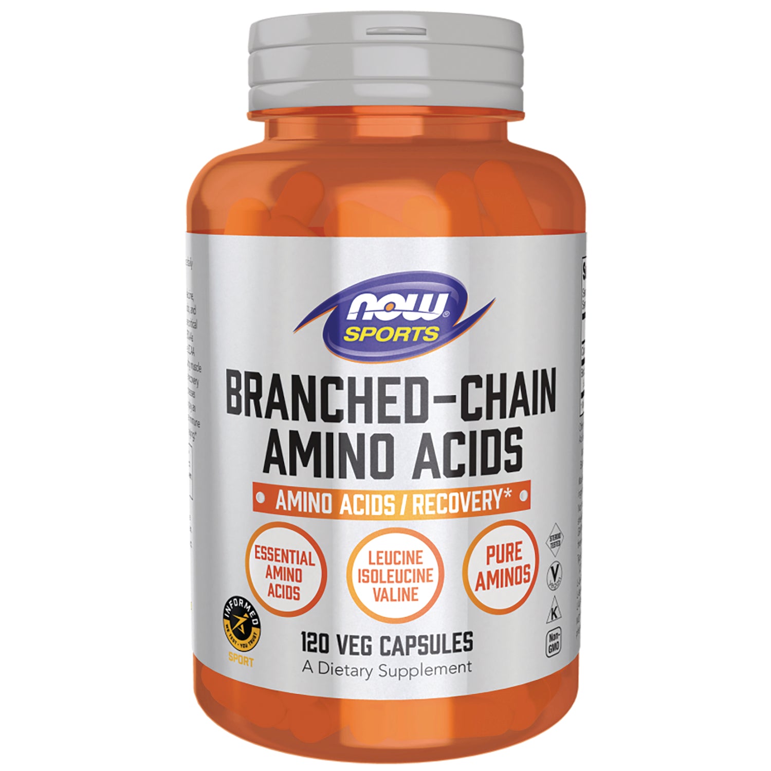NWF1079 | NOW Sports Branched-Chain Amino Acids bottle showing label and 120 veg capsules