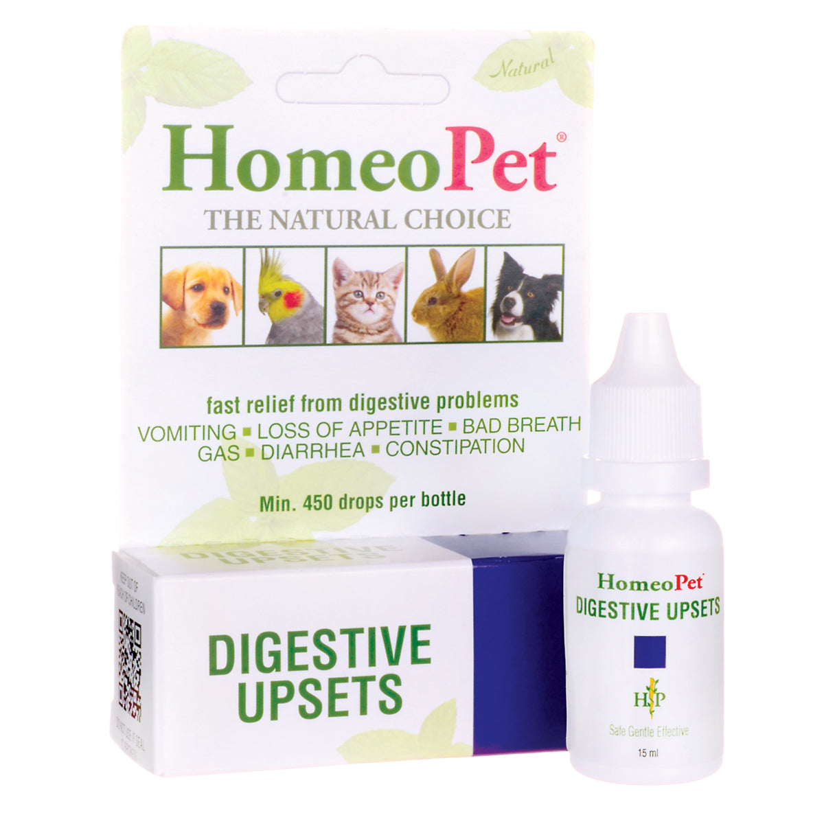 HOP005 | HomeoPet Digestive Upsets 15 ml bottle and boxed packaging showing product name and pet images