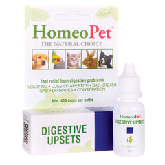 HOP005 | HomeoPet Digestive Upsets 15 ml bottle and boxed packaging showing product name and pet images