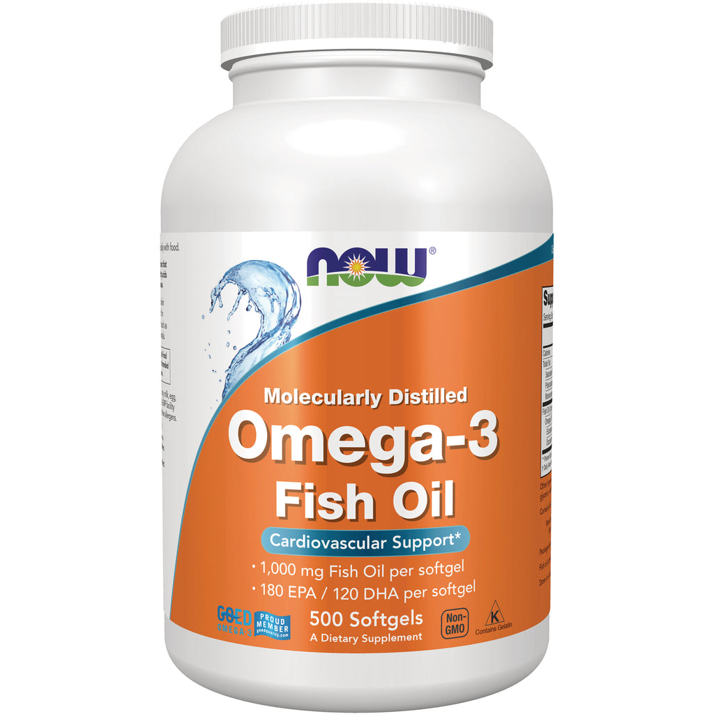 NWF902 | NOW Omega-3 Fish Oil 500 softgels white bottle with orange label - Thumbnail