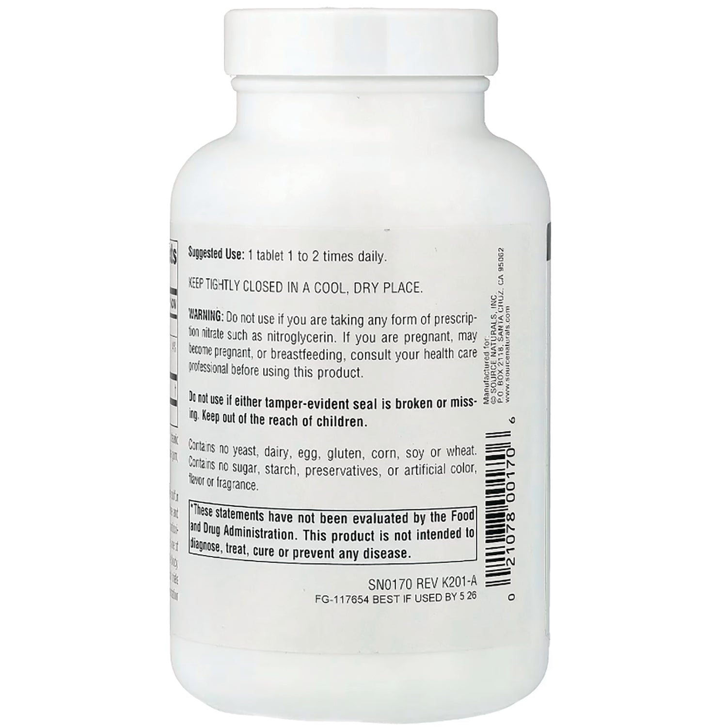 SN447 | Supplement bottle back label with suggested use, warnings, FDA disclaimer, and barcode