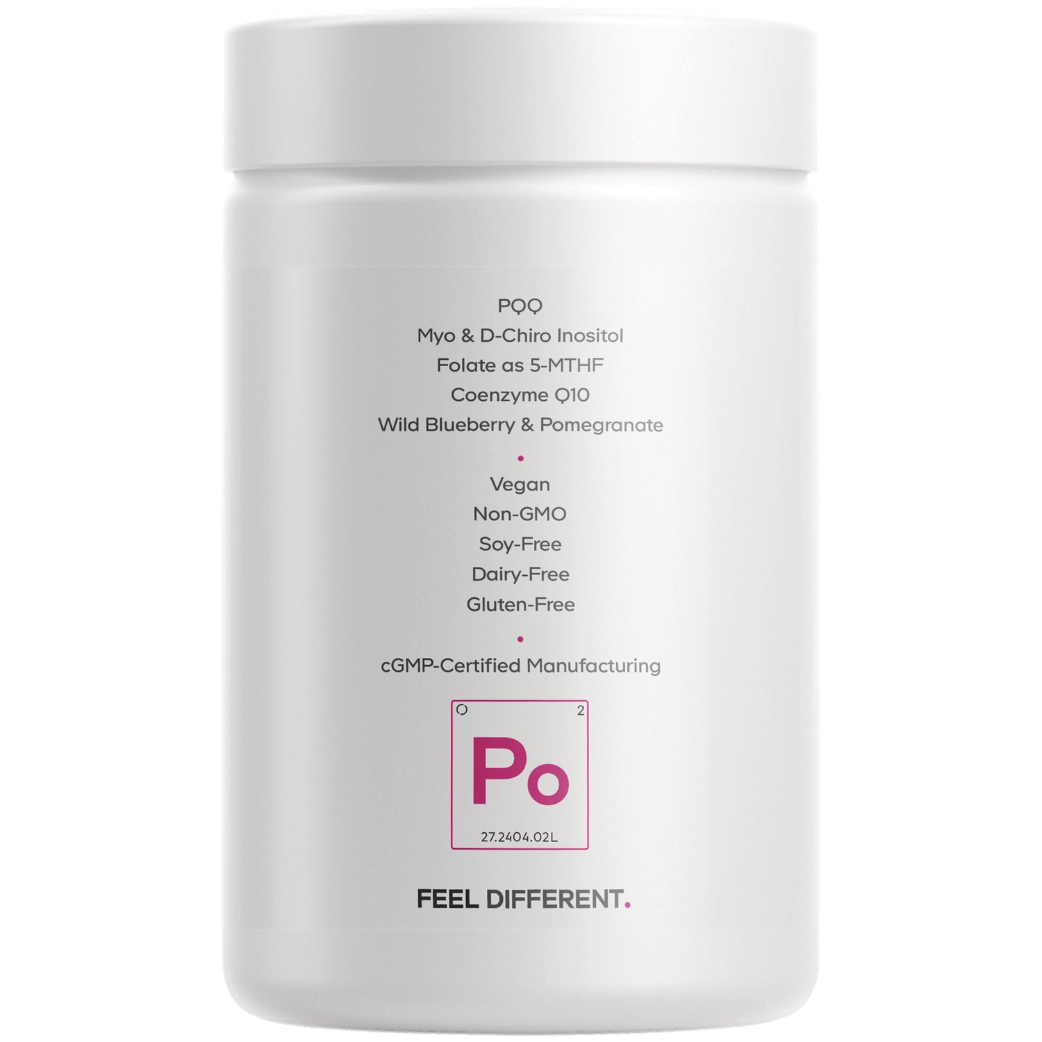 CDG065 | Back label showing ingredient highlights and vegan, non-GMO, soy-free, dairy-free, gluten-free claims on white supplement jar