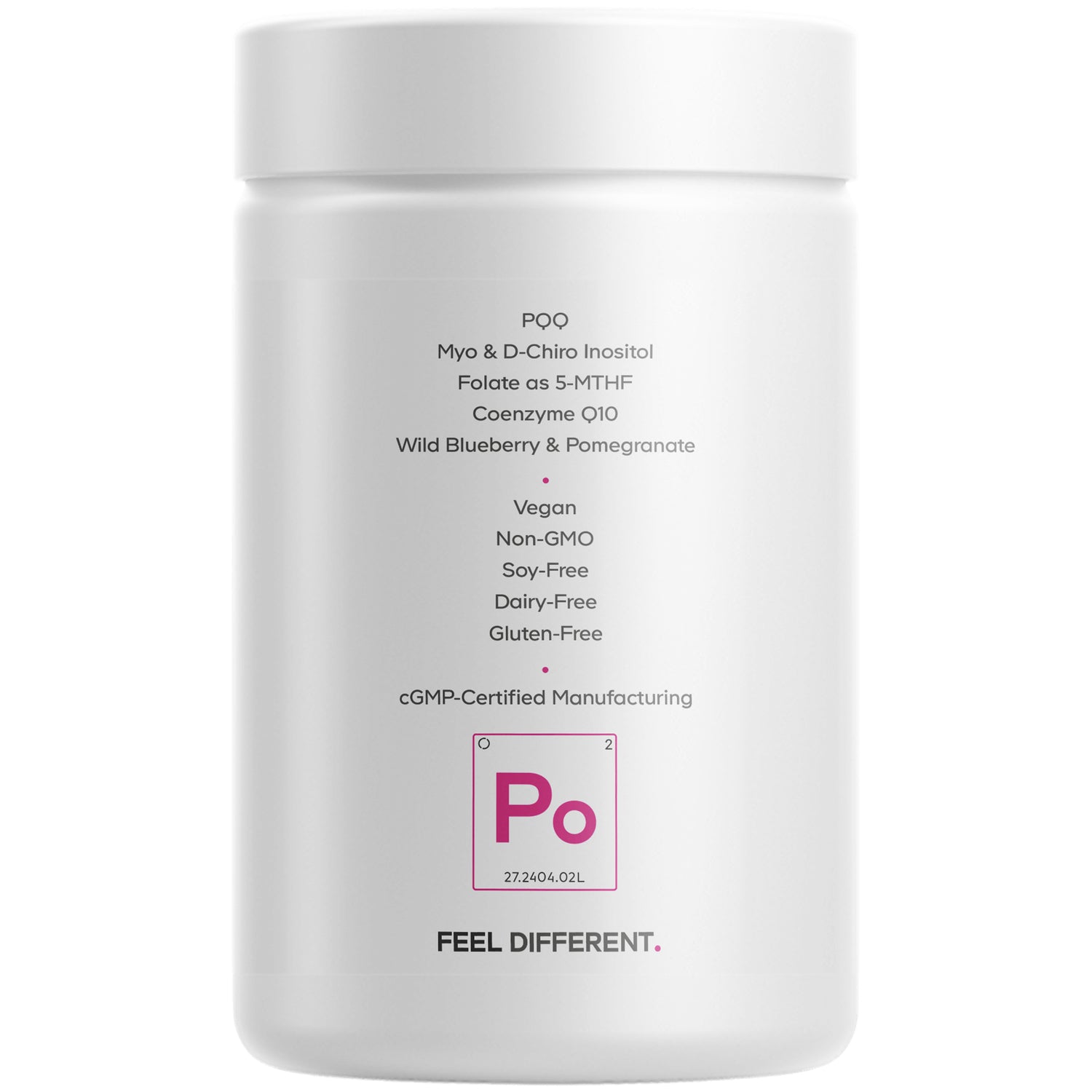 CDG065 | Back label showing ingredient highlights and vegan, non-GMO, soy-free, dairy-free, gluten-free claims on white supplement jar