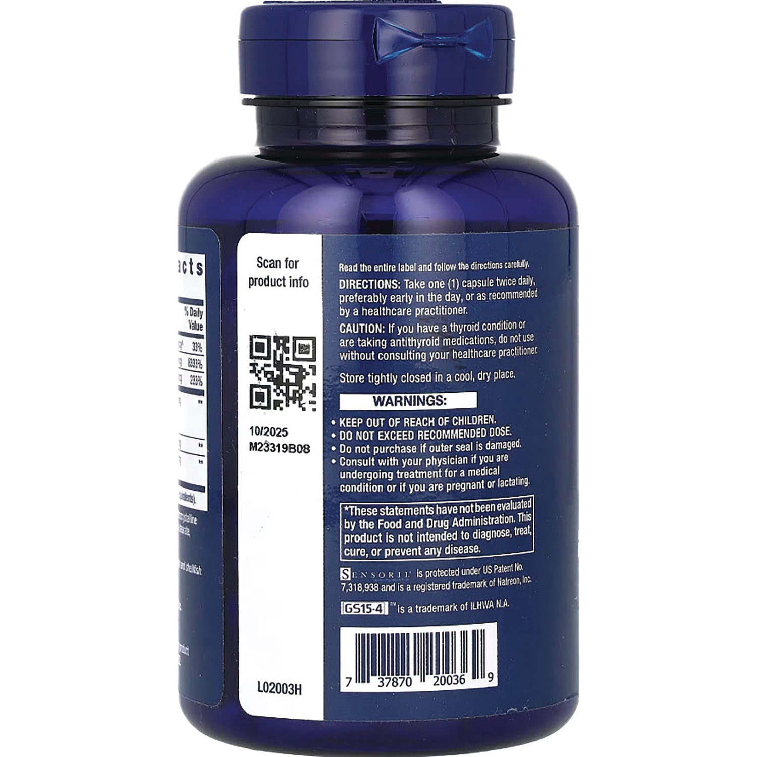 LE393 | back label of navy supplement bottle showing directions, warnings, QR code and barcode