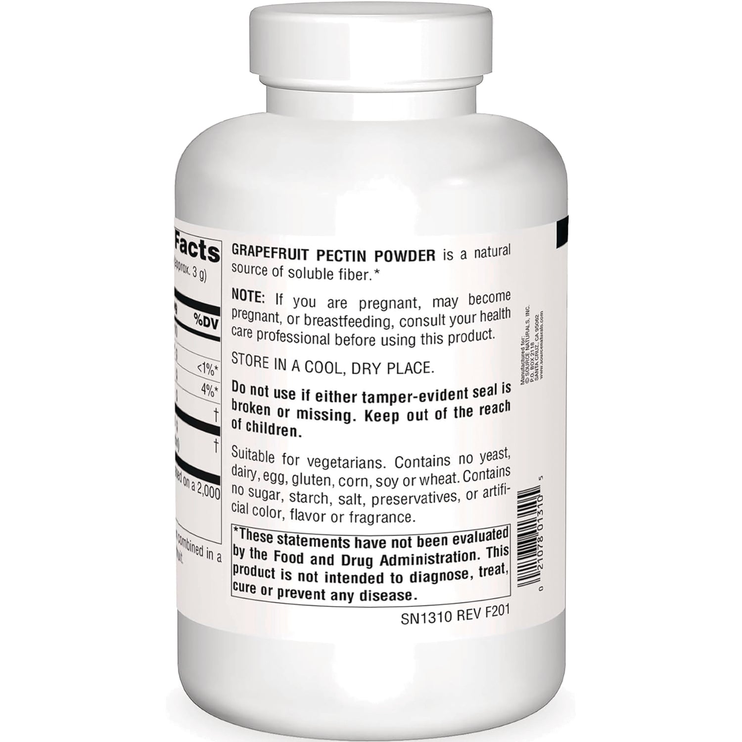 SN789 | Back label showing Supplement Facts and Grapefruit Pectin Powder directions and warnings