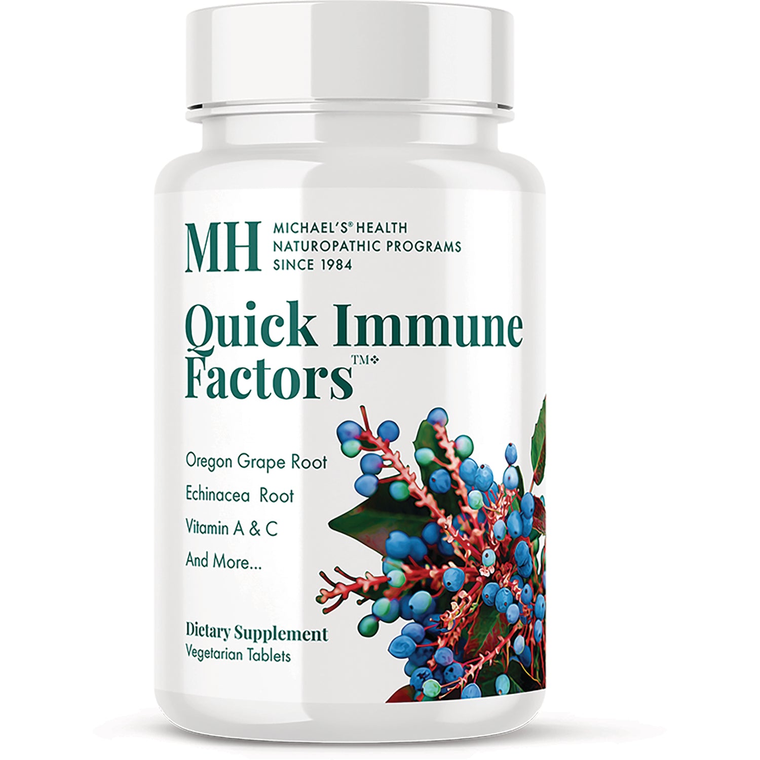 MNP022 | Quick Immune Factors dietary supplement bottle with berry illustration on label