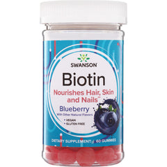 SW1860 | Swanson Biotin blueberry gummies, nourishes hair, skin and nails, 60 gummies, vegan, gluten free