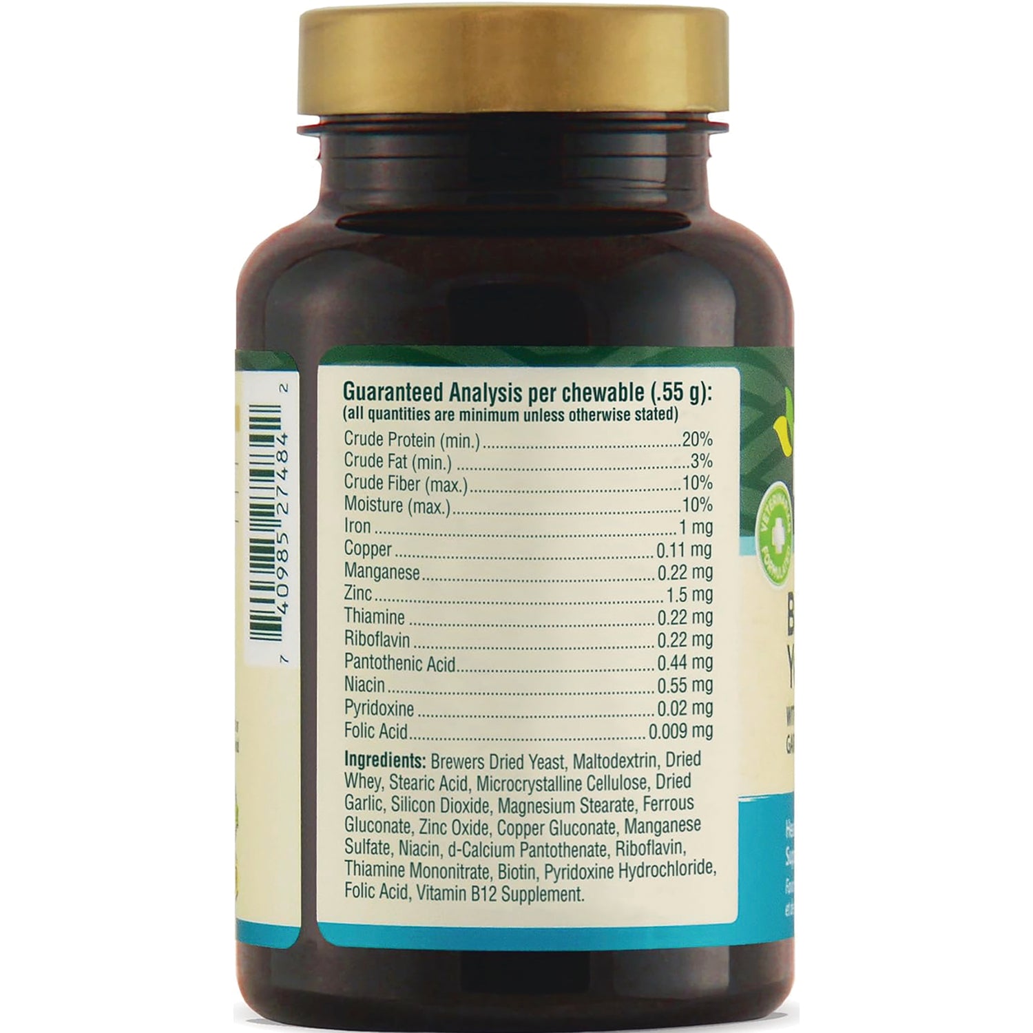 CNT251 | Back label showing guaranteed analysis and ingredients panel on brown supplement bottle