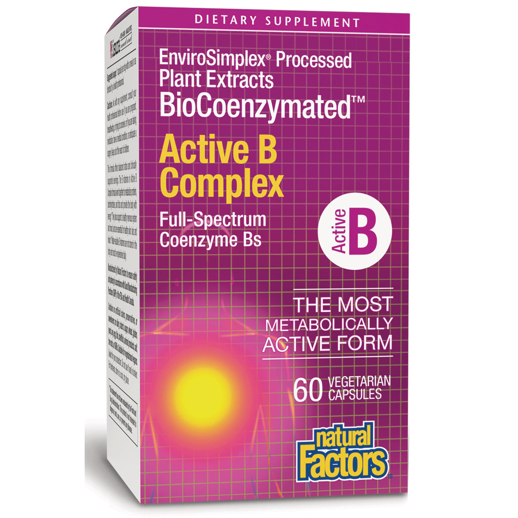 NFC213 | Active B Complex front box, purple grid design, 60 vegetarian capsules, Natural Factors logo - Thumbnail