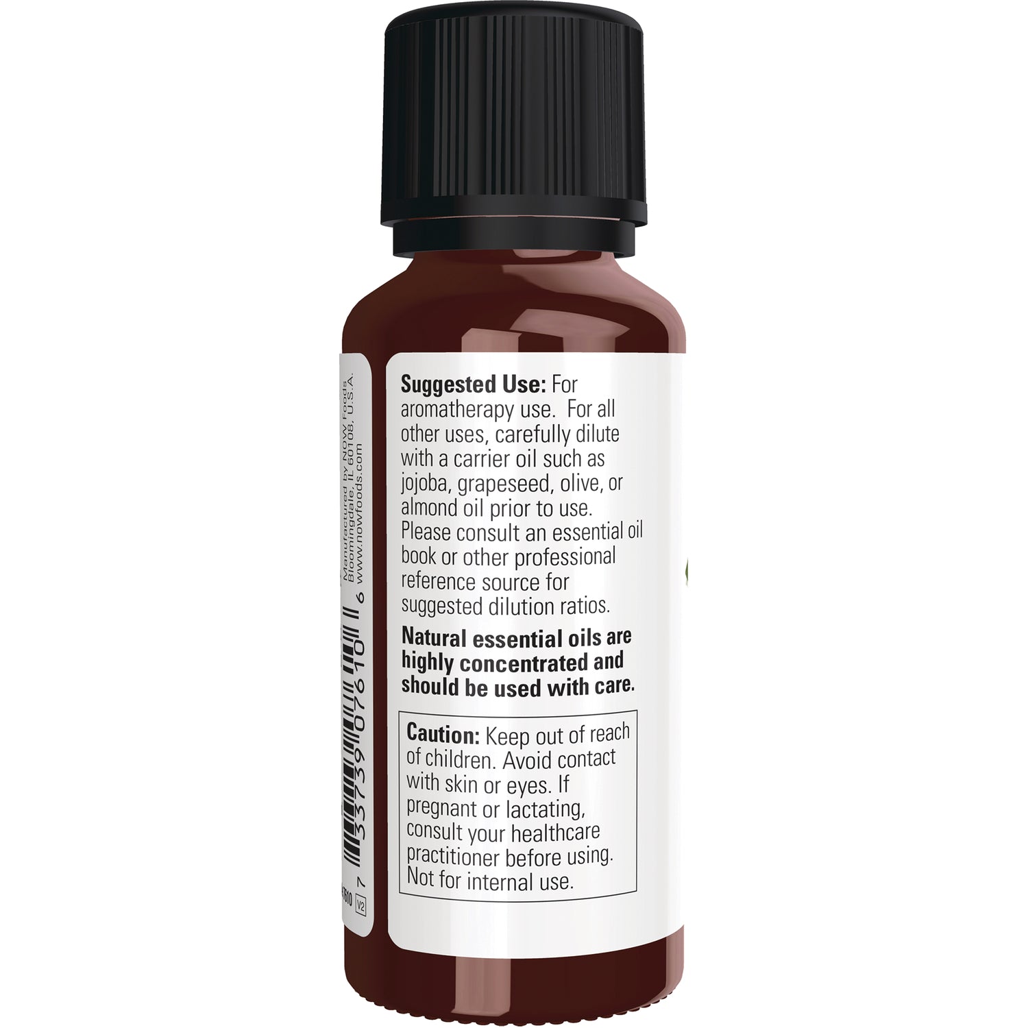 NWF632 | Back label of amber essential oil bottle showing suggested use, caution, and barcode