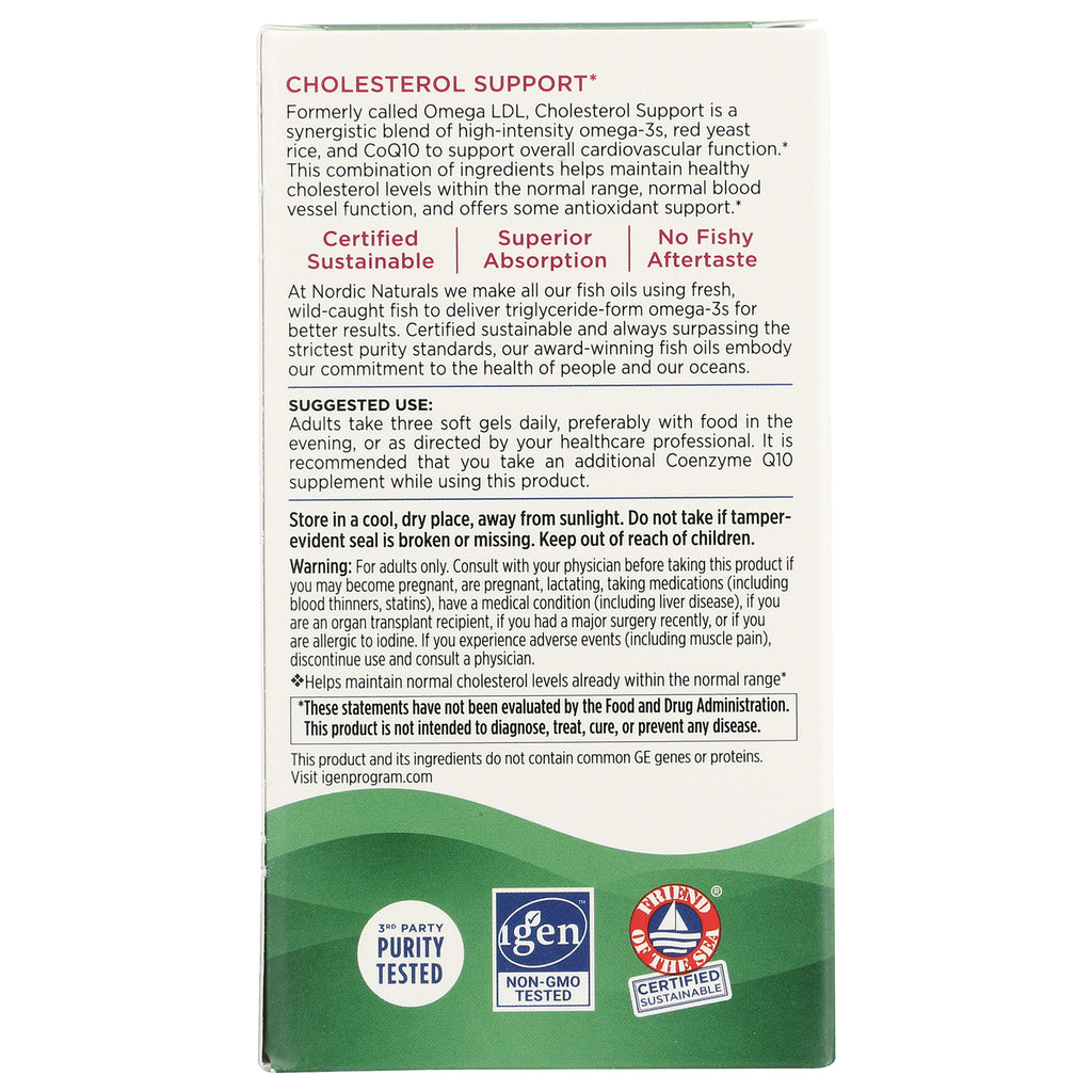 NRN025 | back of Cholesterol Support supplement box with suggested use, warnings, and certification icons - Thumbnail
