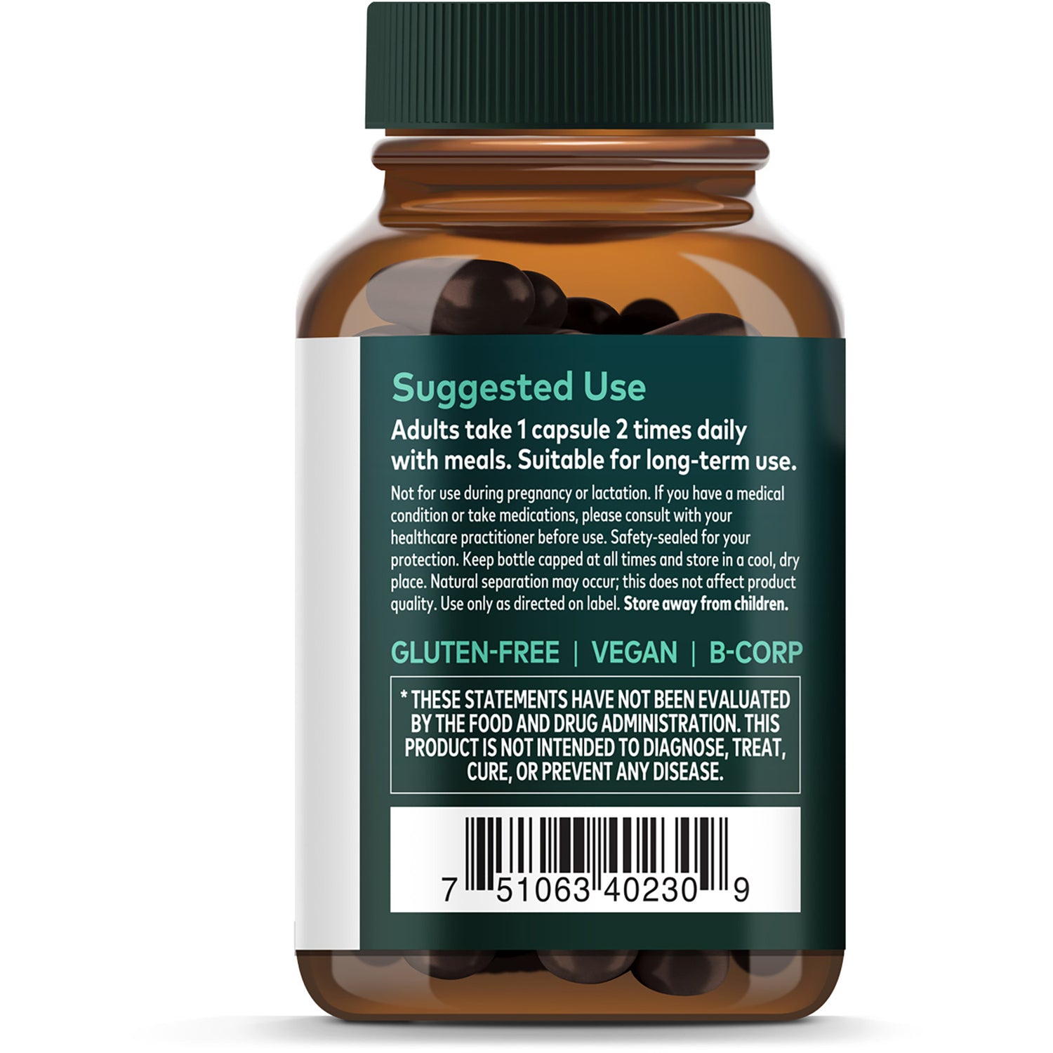 GH012 | back of Gaia Herbs box showing Connecting Plants & People Since 1987, purity, integrity, potency statements and gaiaherbs.com