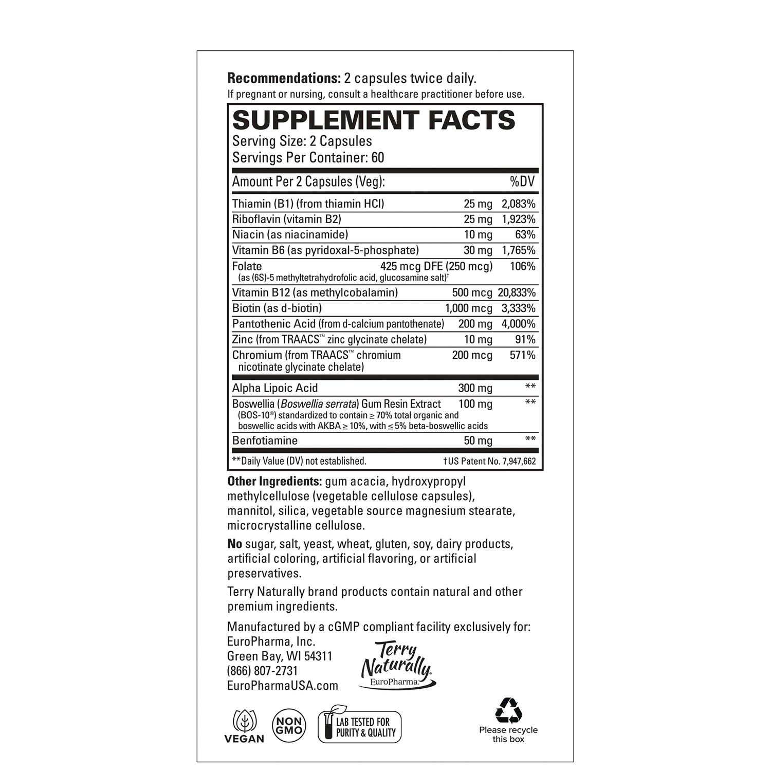 EUR070 | back label showing SUPPLEMENT FACTS panel with serving size, ingredient list, manufacturer details and certification icons