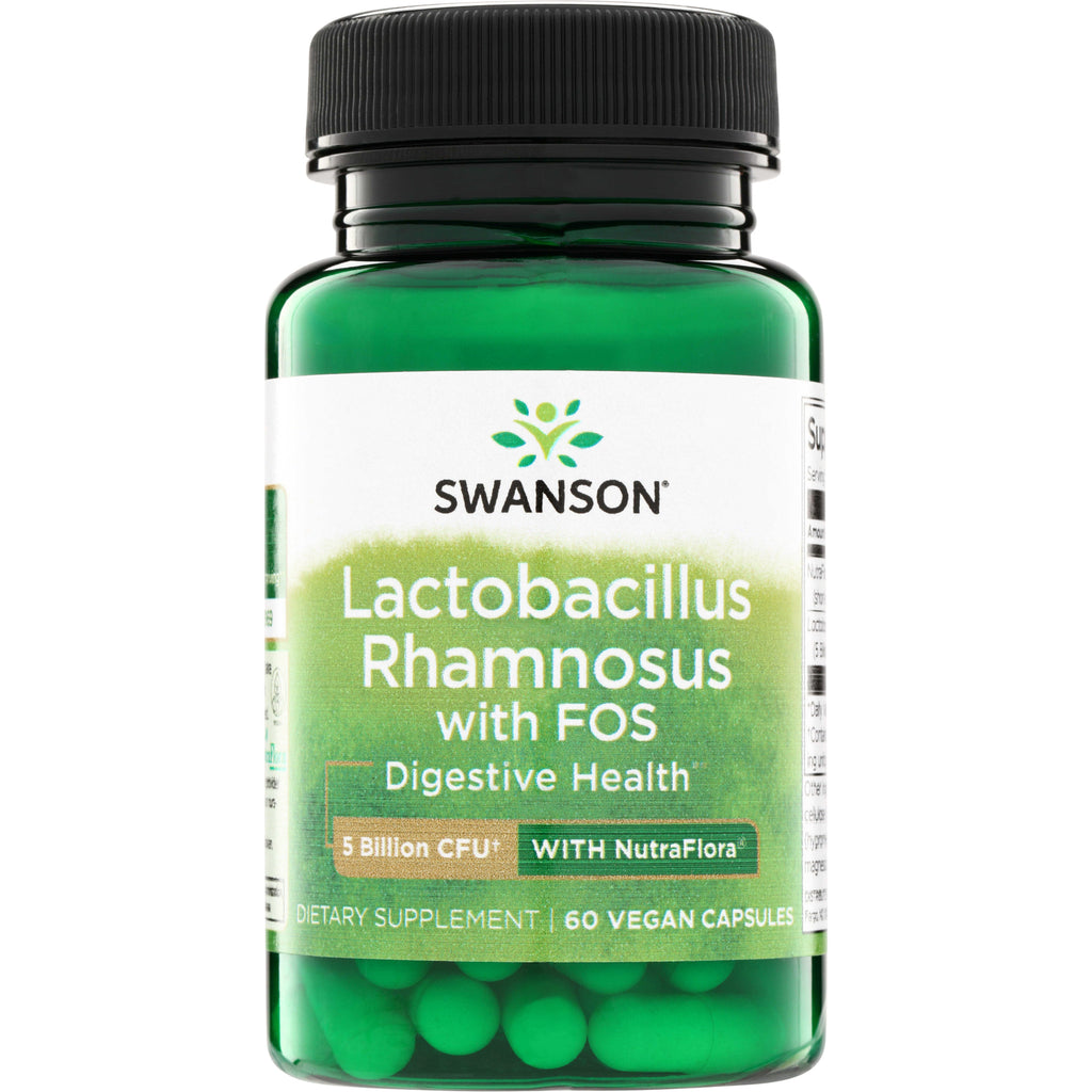 SWA024 | Swanson Lactobacillus rhamnosus with FOS probiotic, 60 vegan capsules, 5 Billion CFU, with NutraFlora front - Thumbnail