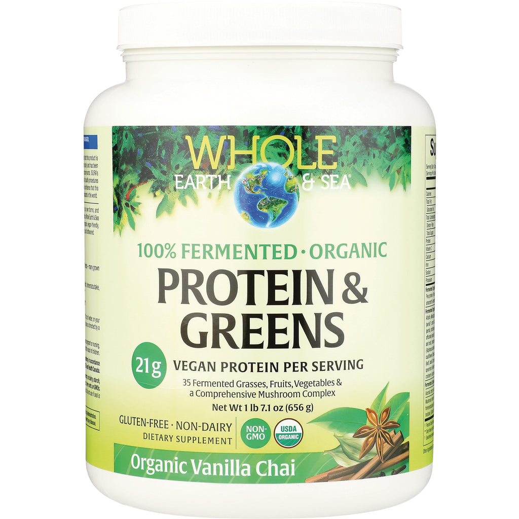 NFC194 | Whole Earth & Sea Protein & Greens organic vanilla chai powder, 21g vegan protein per serving, front label - Thumbnail