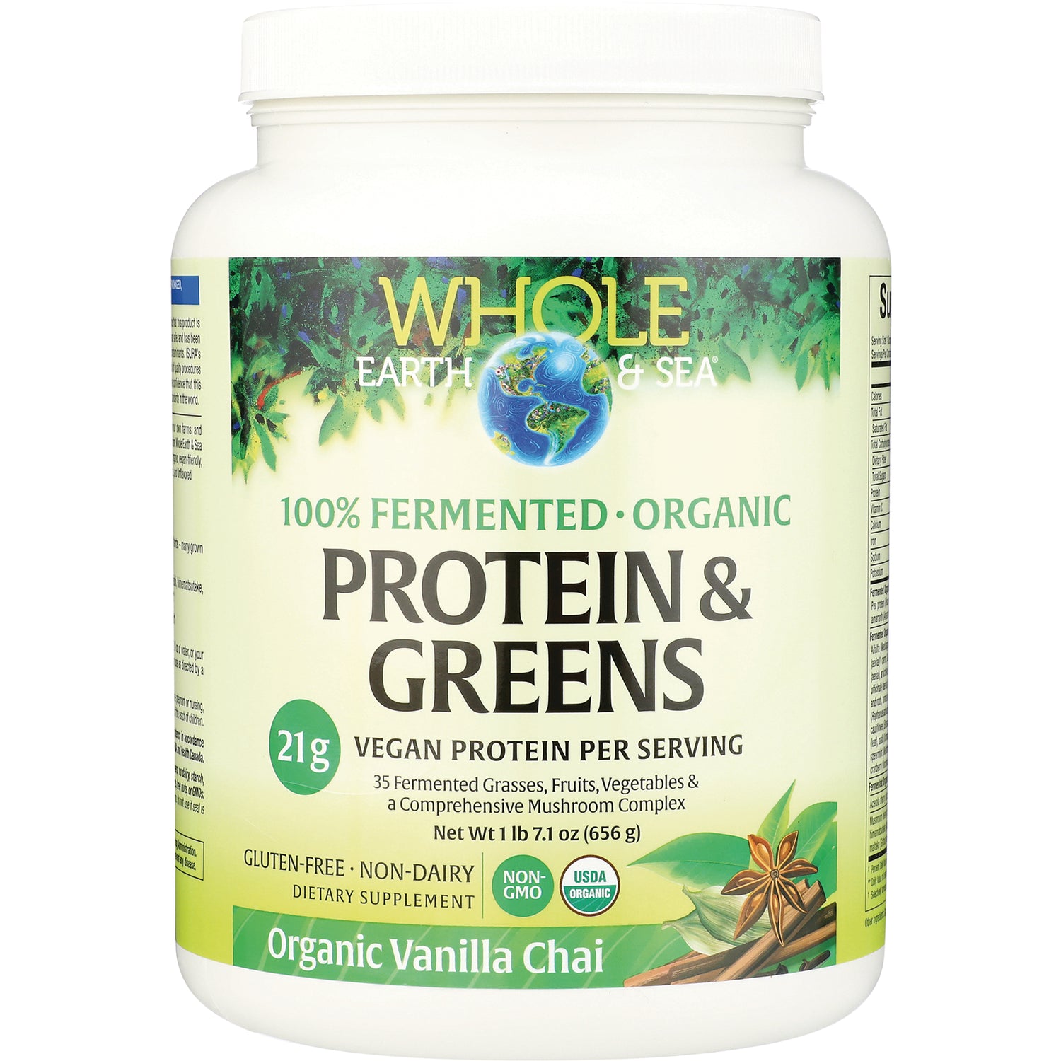 NFC194 | Whole Earth & Sea Protein & Greens organic vanilla chai powder, 21g vegan protein per serving, front label