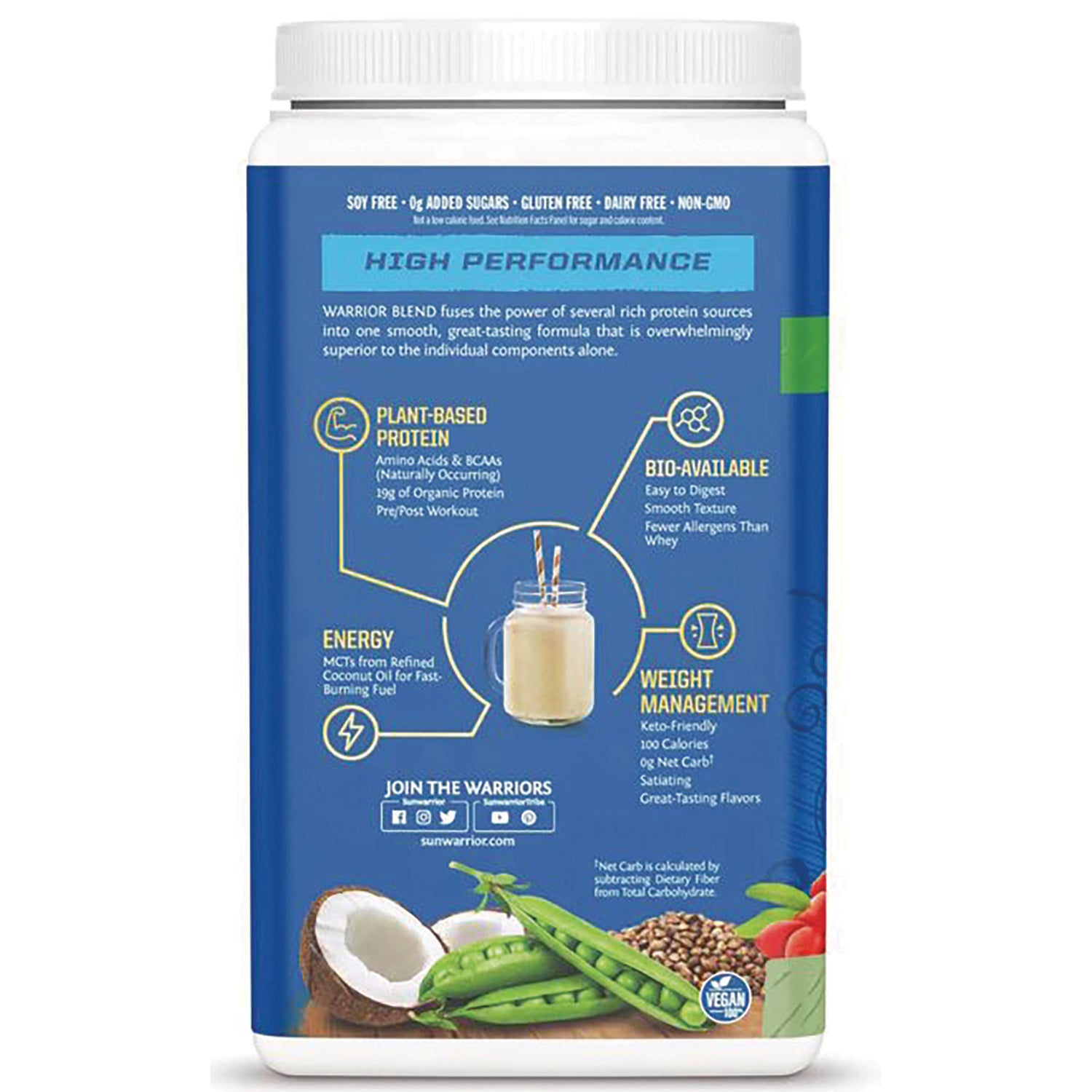 SNW024 | Warrior Blend protein powder back label with High Performance benefits: plant-based, bio-available, energy, weight management