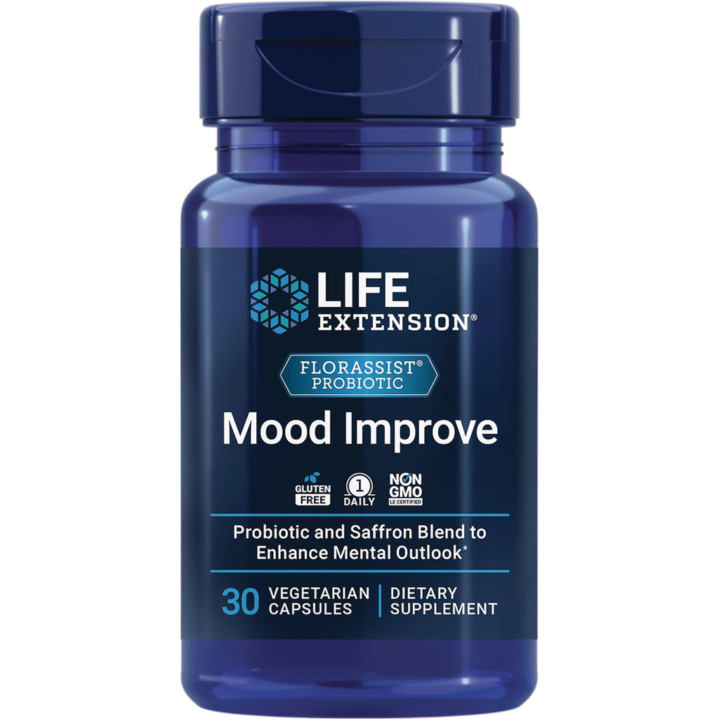 LE484 | Life Extension Mood Improve probiotic and saffron supplement bottle, 30 vegetarian capsules - Thumbnail