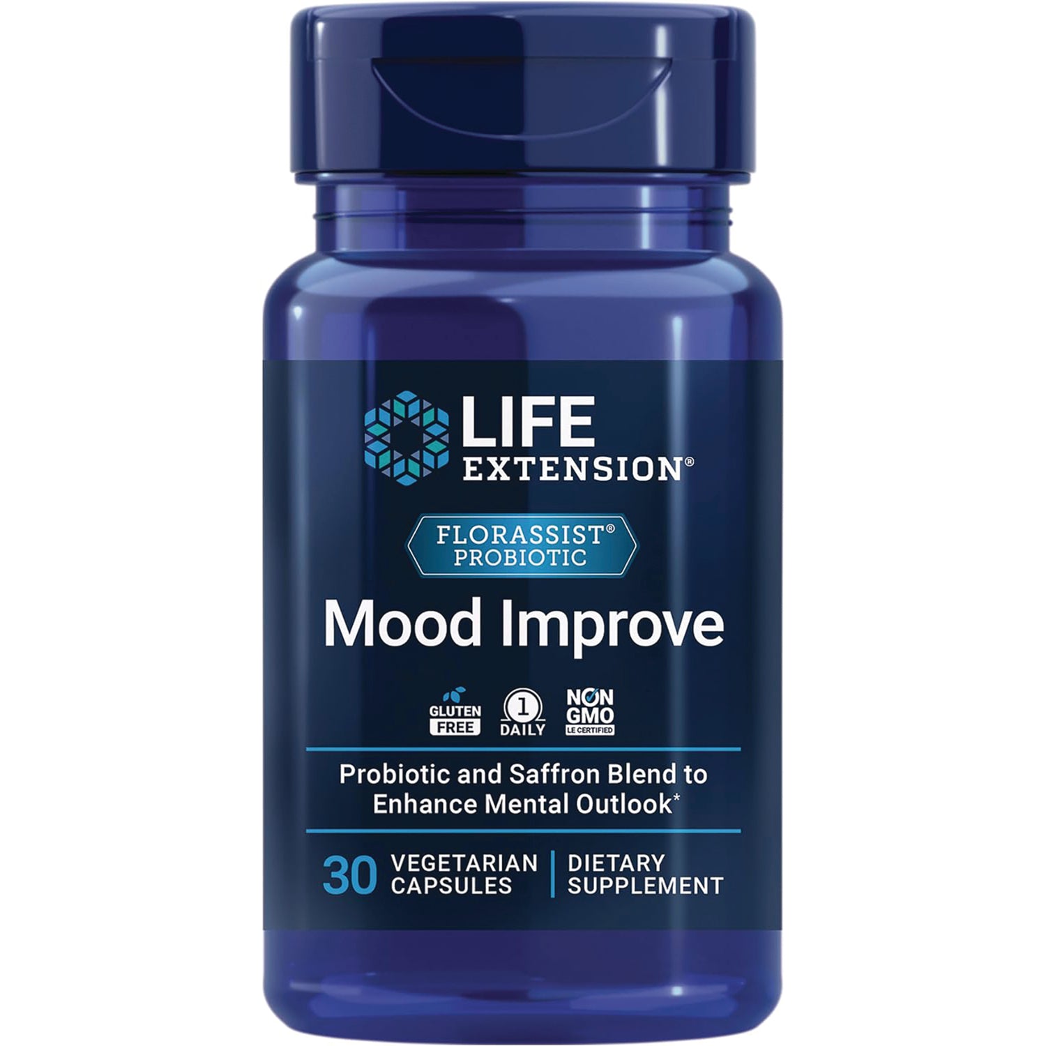 LE484 | Life Extension Mood Improve probiotic and saffron supplement bottle, 30 vegetarian capsules