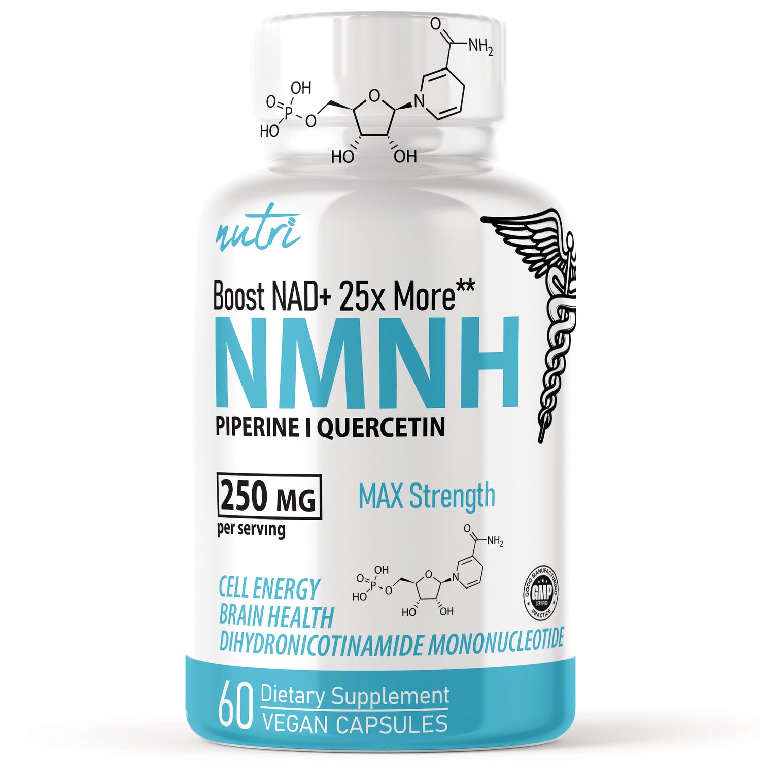 NFU010 | Front of white bottle labeled NMNH supplement 250 MG MAX Strength, 60 vegan capsules
