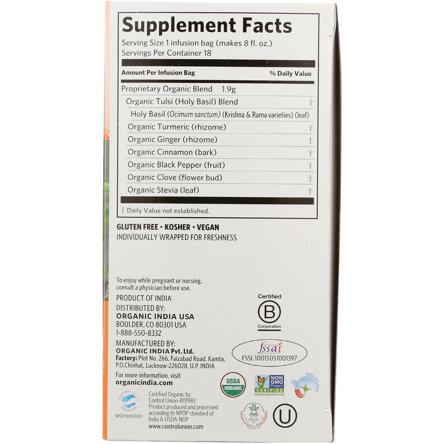 RGN074 | Back panel showing Supplement Facts, ingredient list, certifications and distributor contact
