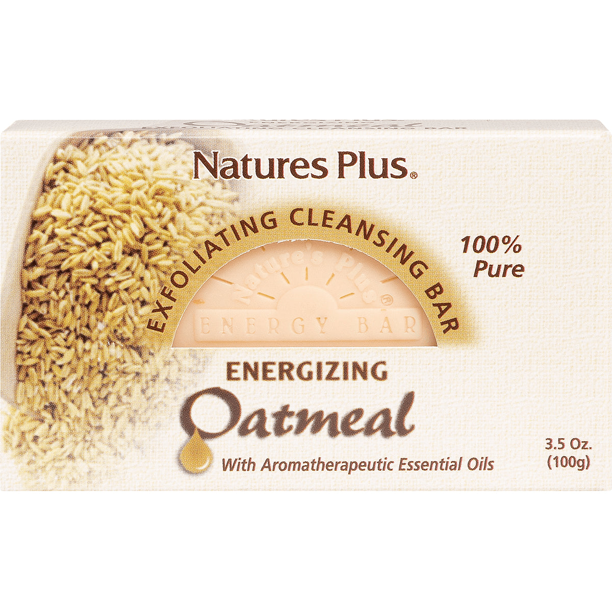 NTP174 | Natures Plus Energizing Oatmeal exfoliating cleansing bar front packaging, 3.5 oz, 100% Pure