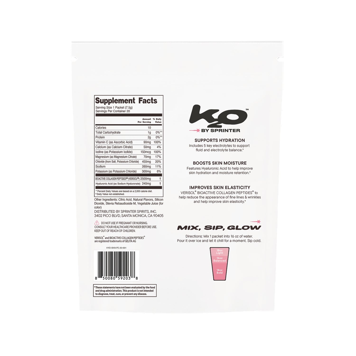 KTO002 | Back panel with Supplement Facts, hydration claims, directions, and barcode