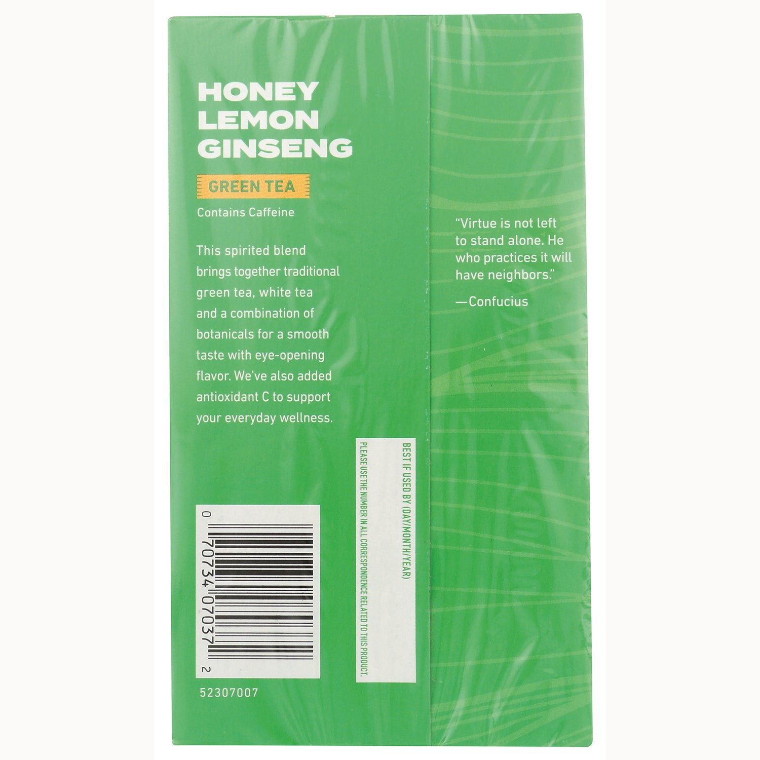 CEL020 | Back of green tea box labeled HONEY LEMON GINSENG GREEN TEA with ingredient text, barcode, and Confucius quote