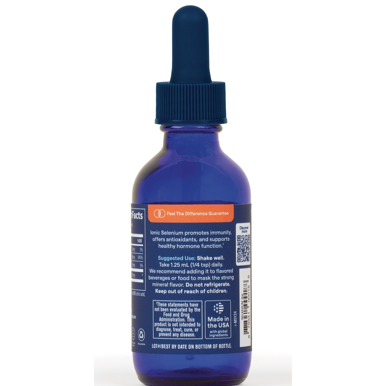TM038 | Blue dropper bottle back label with supplement facts, directions, QR code, Feel The Difference Guarantee, Made in the USA