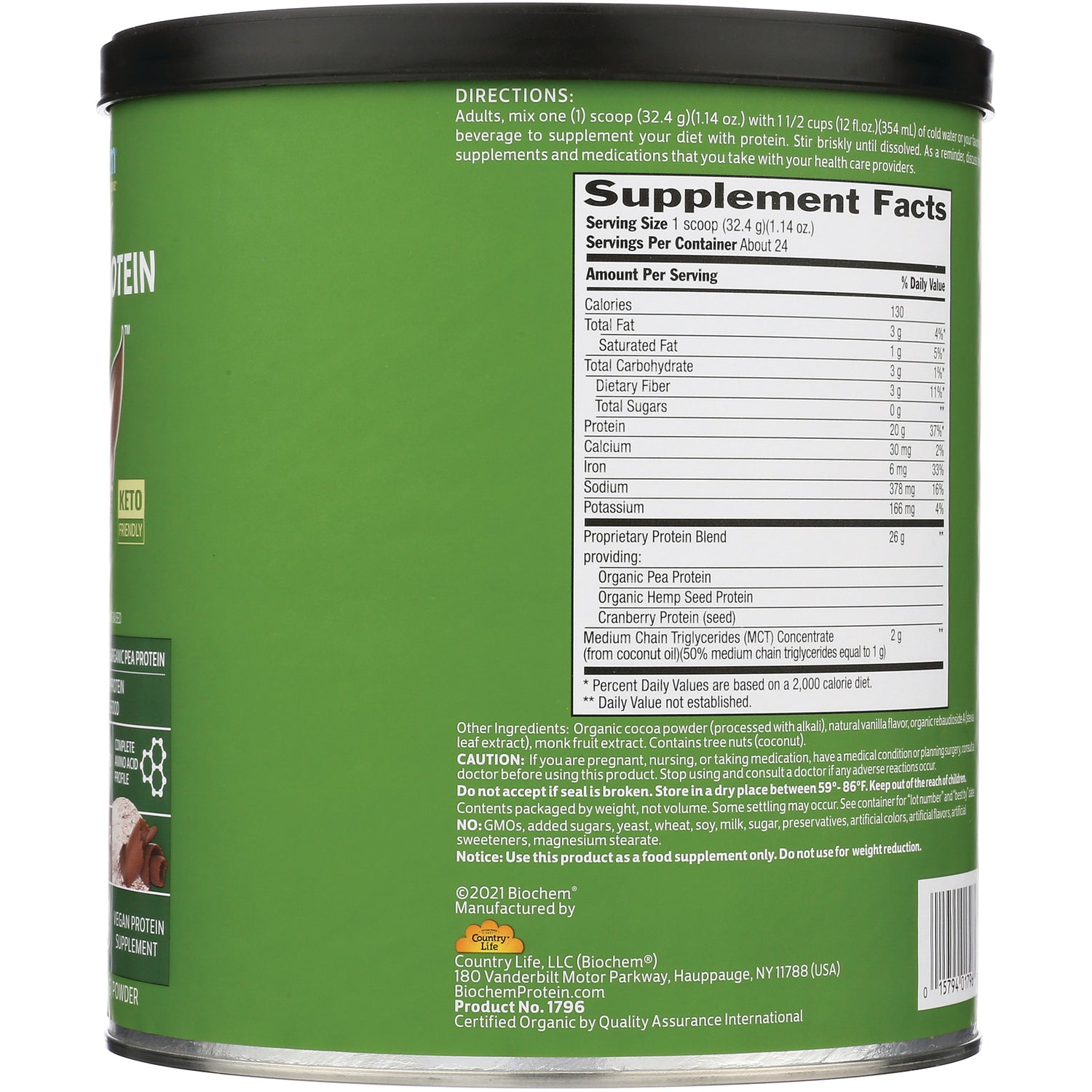 CRL604 | back of green protein powder can showing Supplement Facts panel and directions