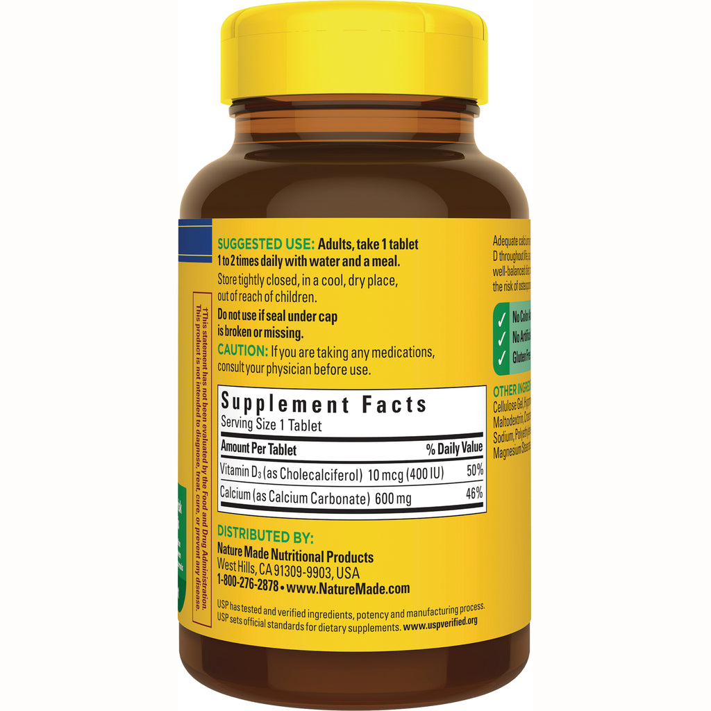 NTM159 | Back of yellow Nature Made supplement bottle showing suggested use, caution, and Supplement Facts label - Thumbnail