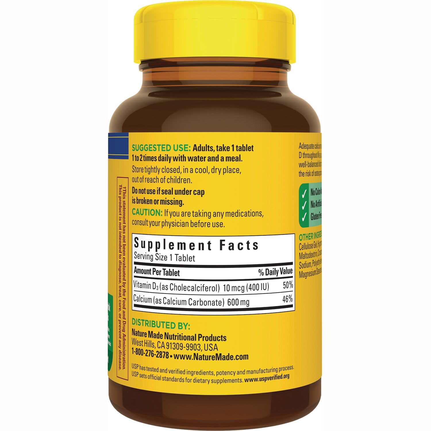 NTM159 | Back of yellow Nature Made supplement bottle showing suggested use, caution, and Supplement Facts label